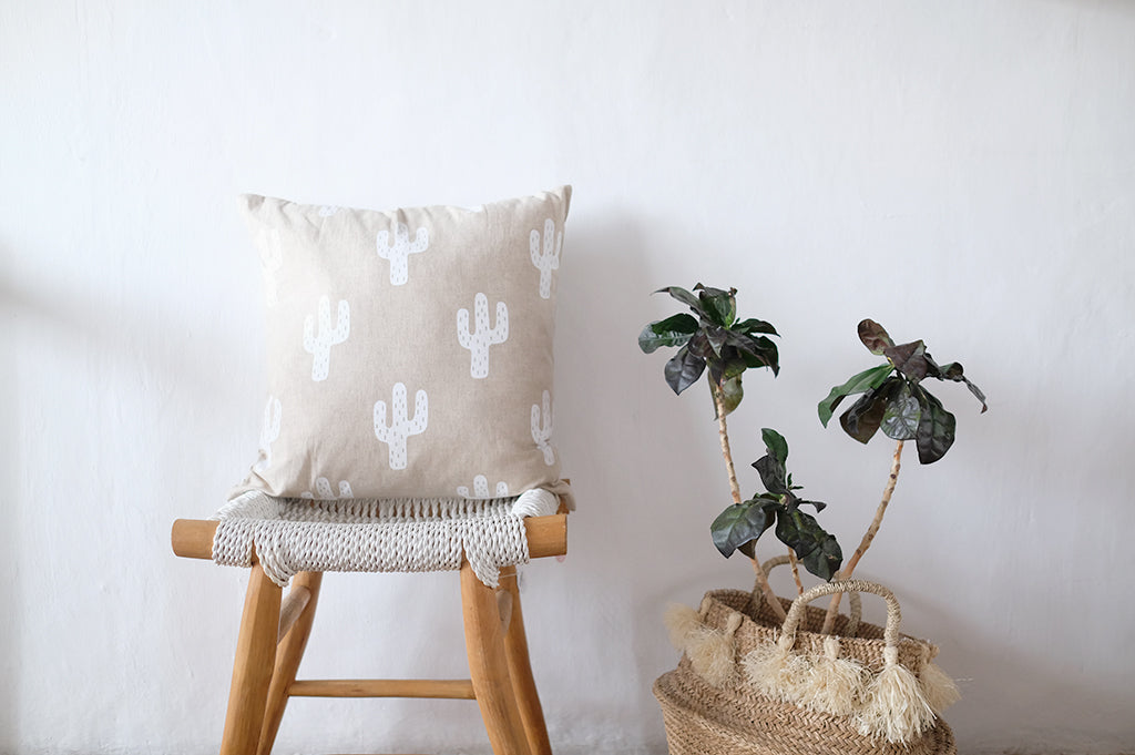 Printed Linen Cushion Cactus White